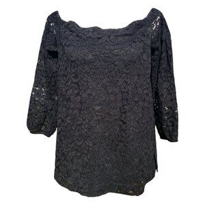 Ann Taylor Womens 3/4 Length Sleeve Black Lace Blouse Medium